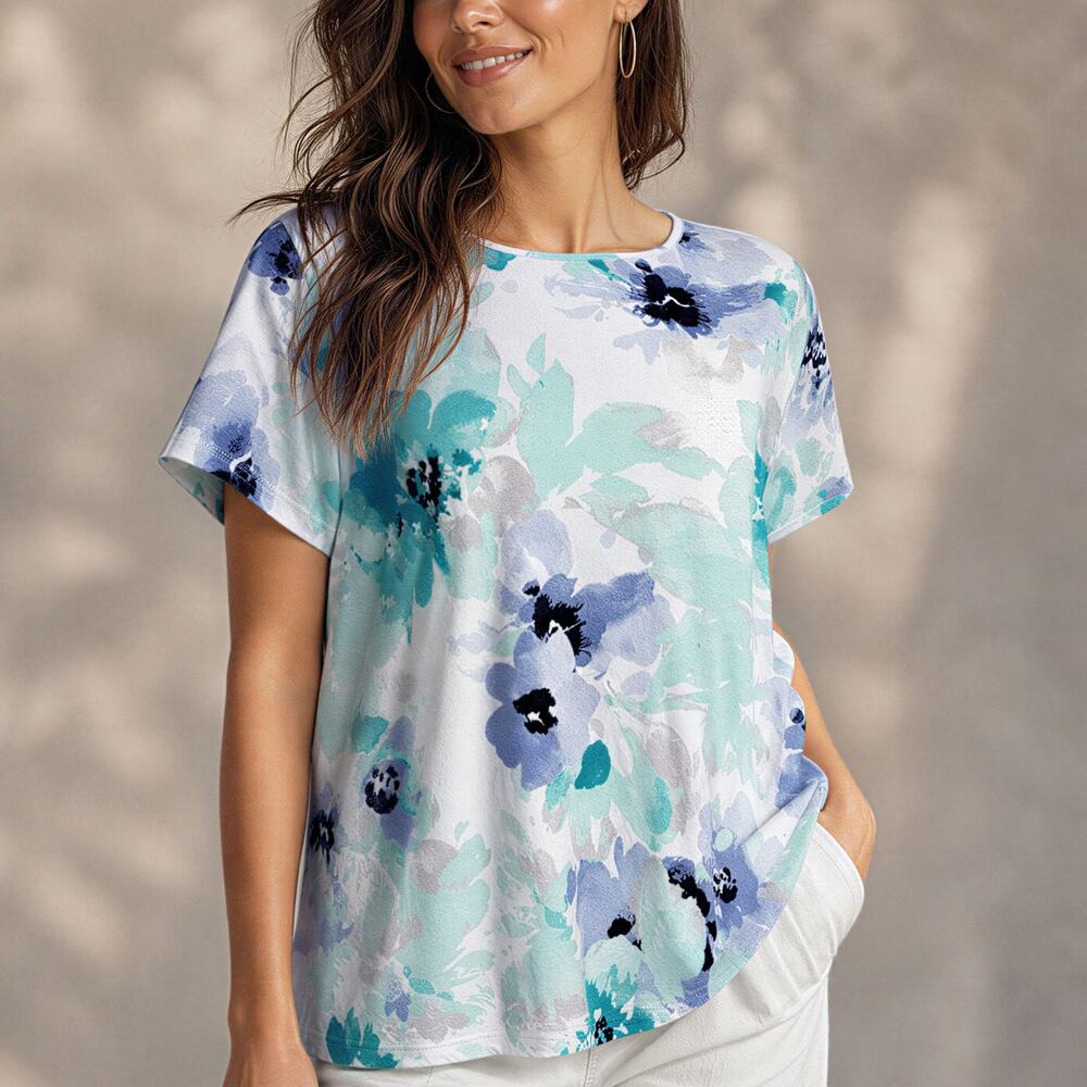 Croft & Barrow Classic Tee Women L Watercolor Floral Blue Cottagecore Fairycore